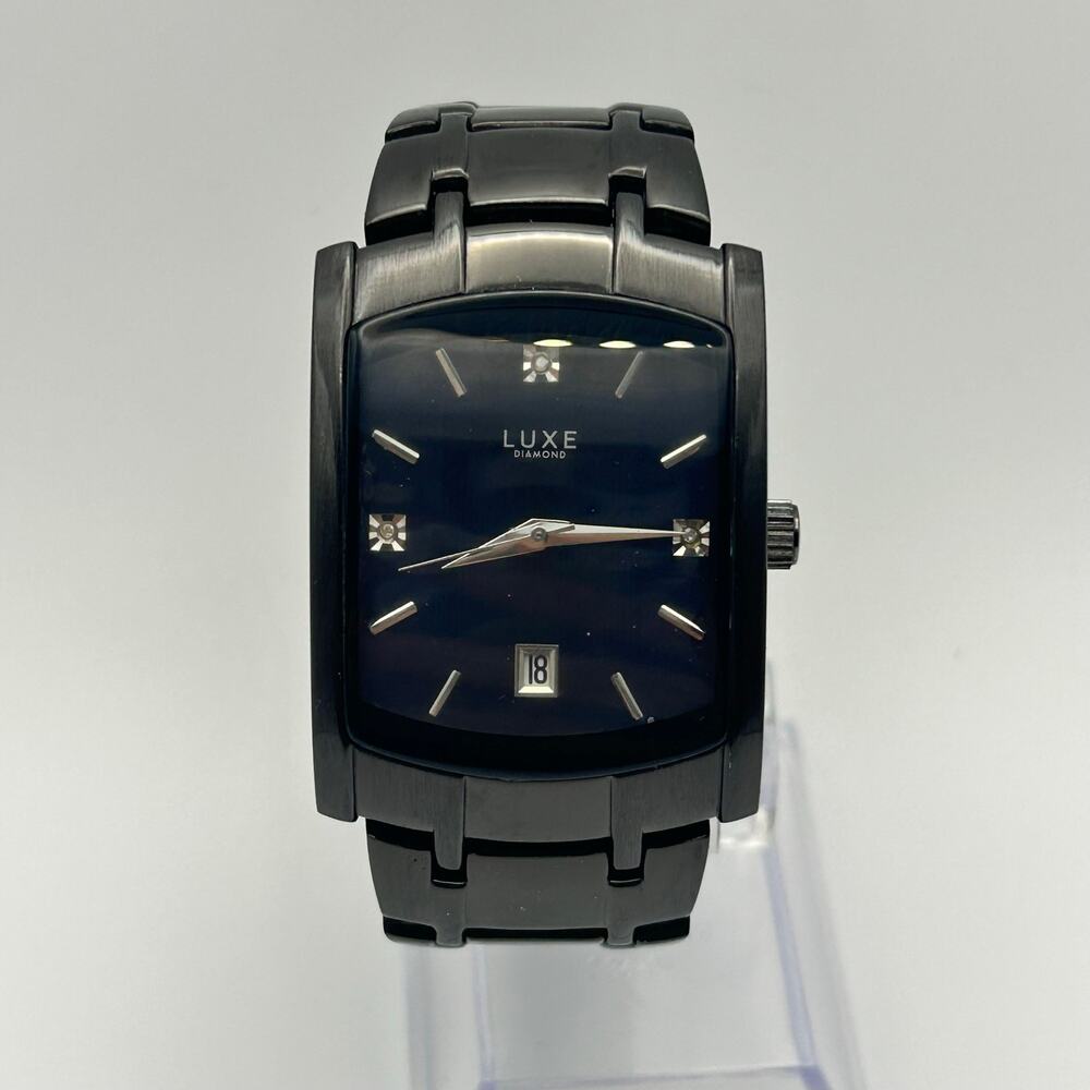 Luxe Men’s Diamond Watch Black Stainless Steel Working New Battery